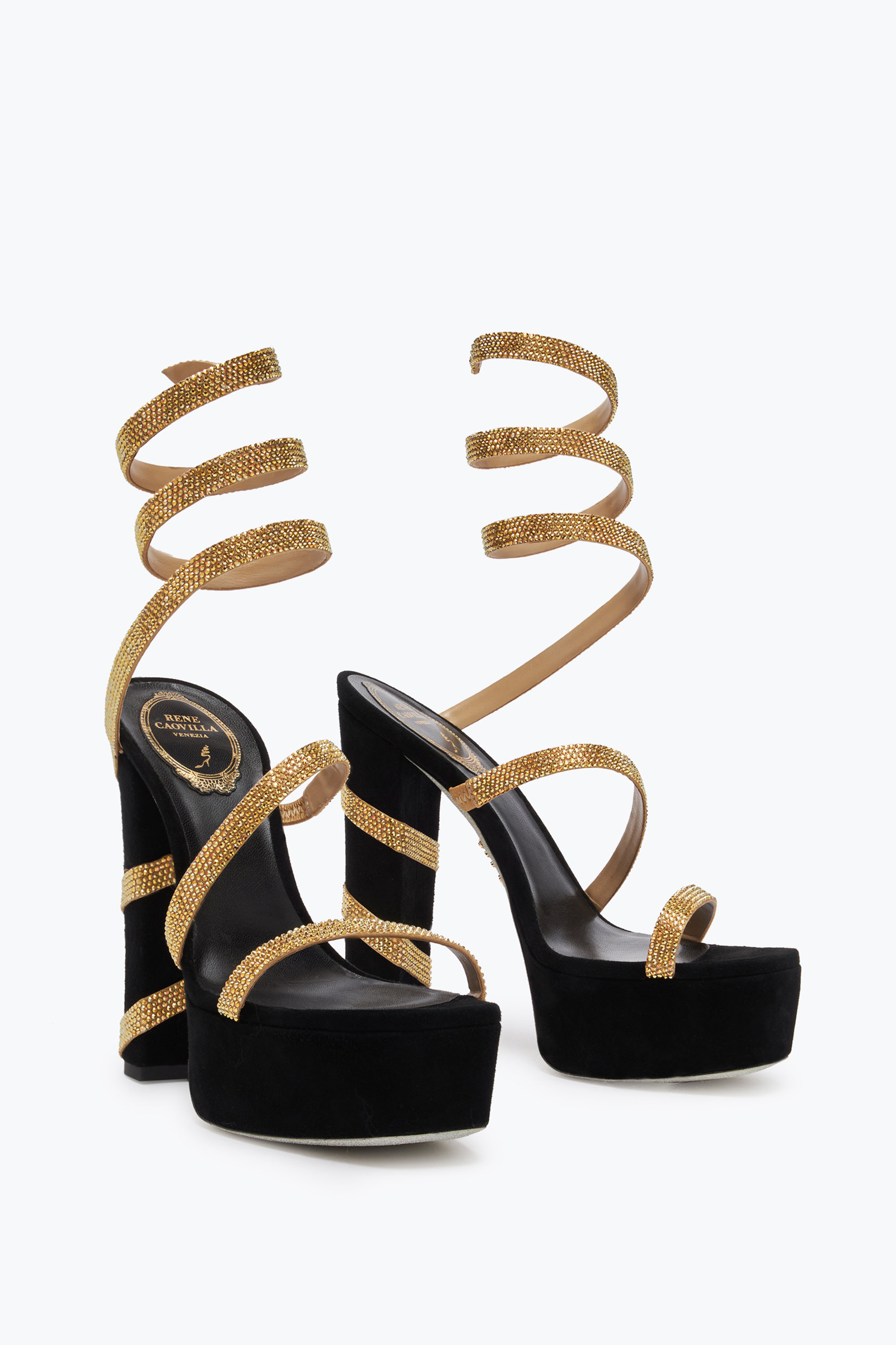 RENÉ CAOVILLA MARGOT BLACK AND GOLD PLATFORM SANDAL 130