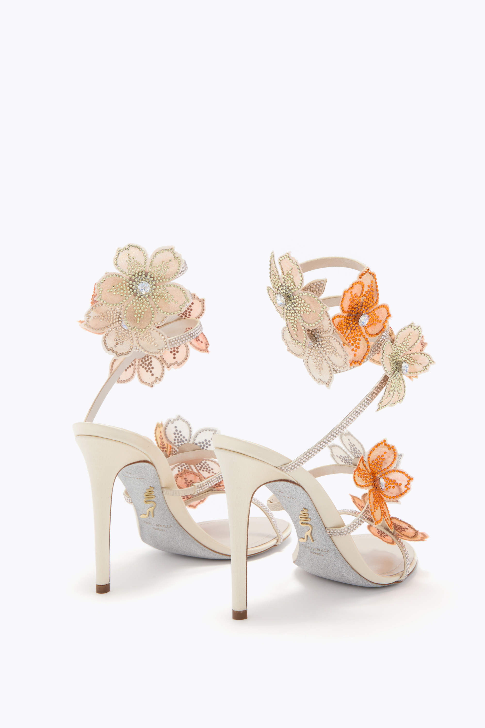 René Caovilla Peach Flower Ivory And Orange Sandal 105 In Multi