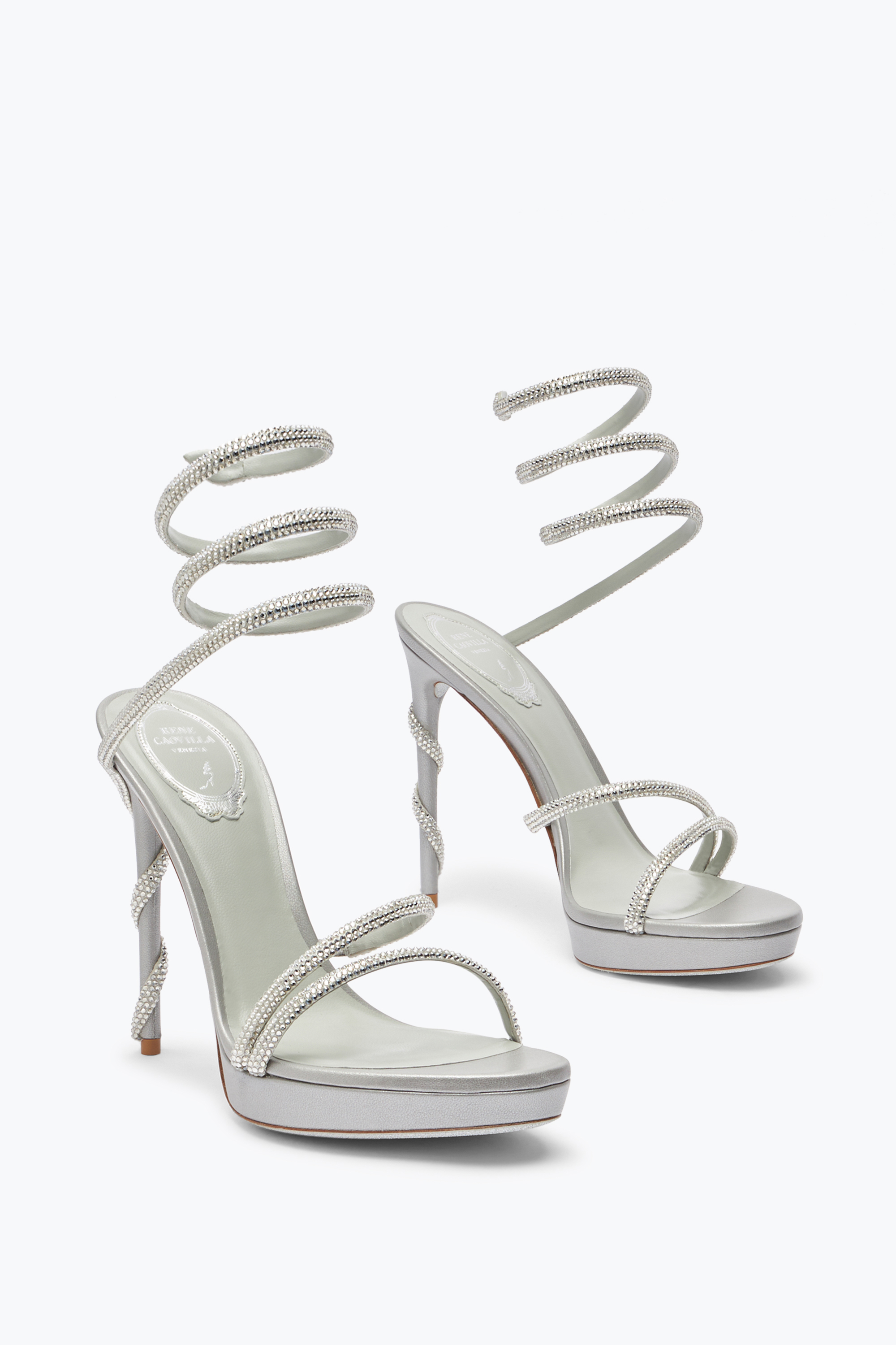 RENÉ CAOVILLA MARGOT SILVER PLATFORM SANDAL 120