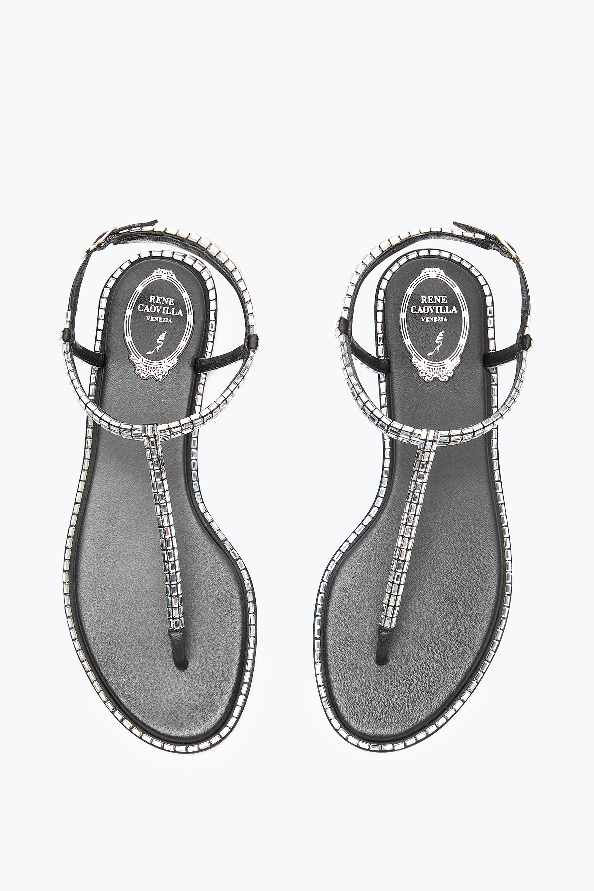 René Caovilla Diana Black Sandal With Crystal Baguette
