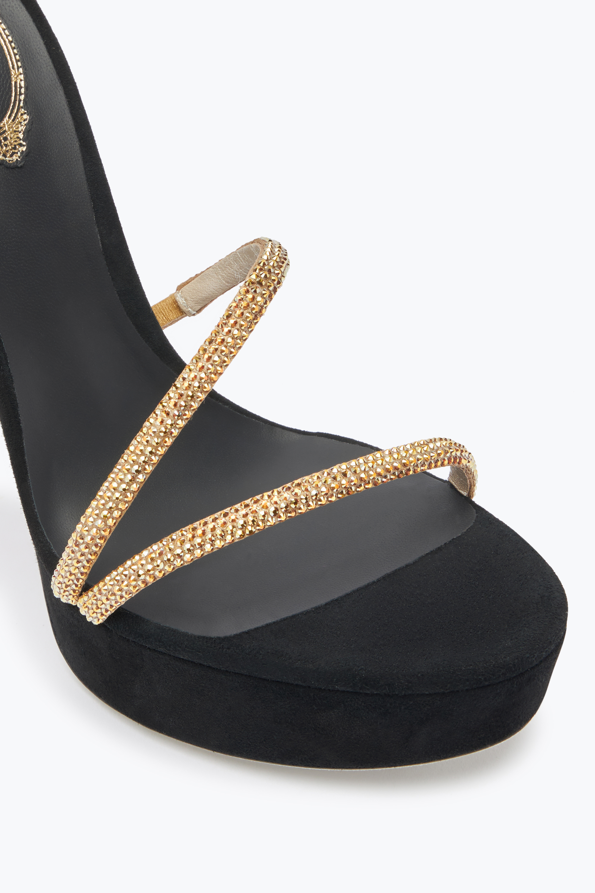 RENÉ CAOVILLA MARGOT CRYSTAL BLACK-GOLD PLATFORM SANDAL 130
