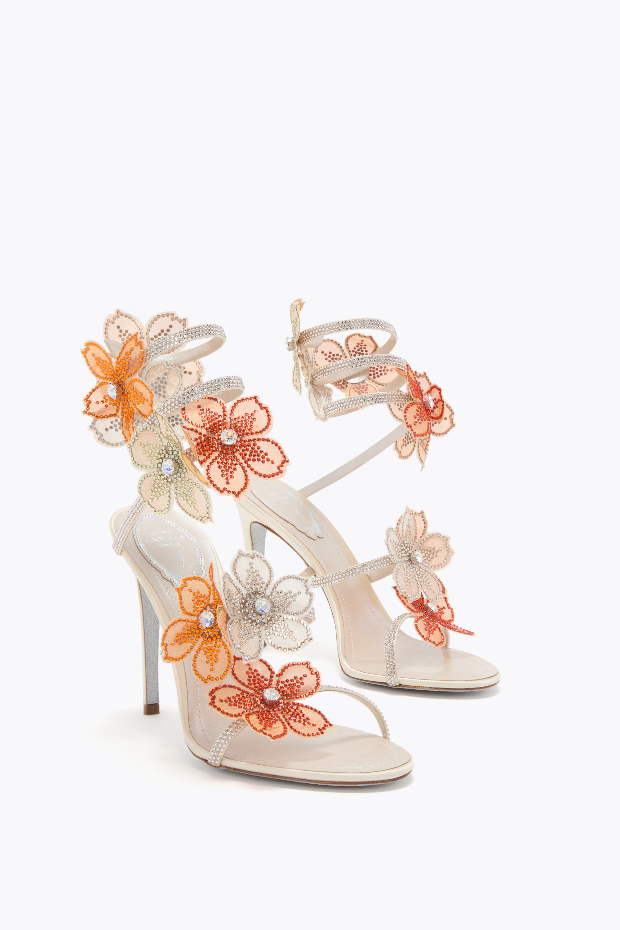 René Caovilla Peach Flower Ivory And Orange Sandal 105 In Multi