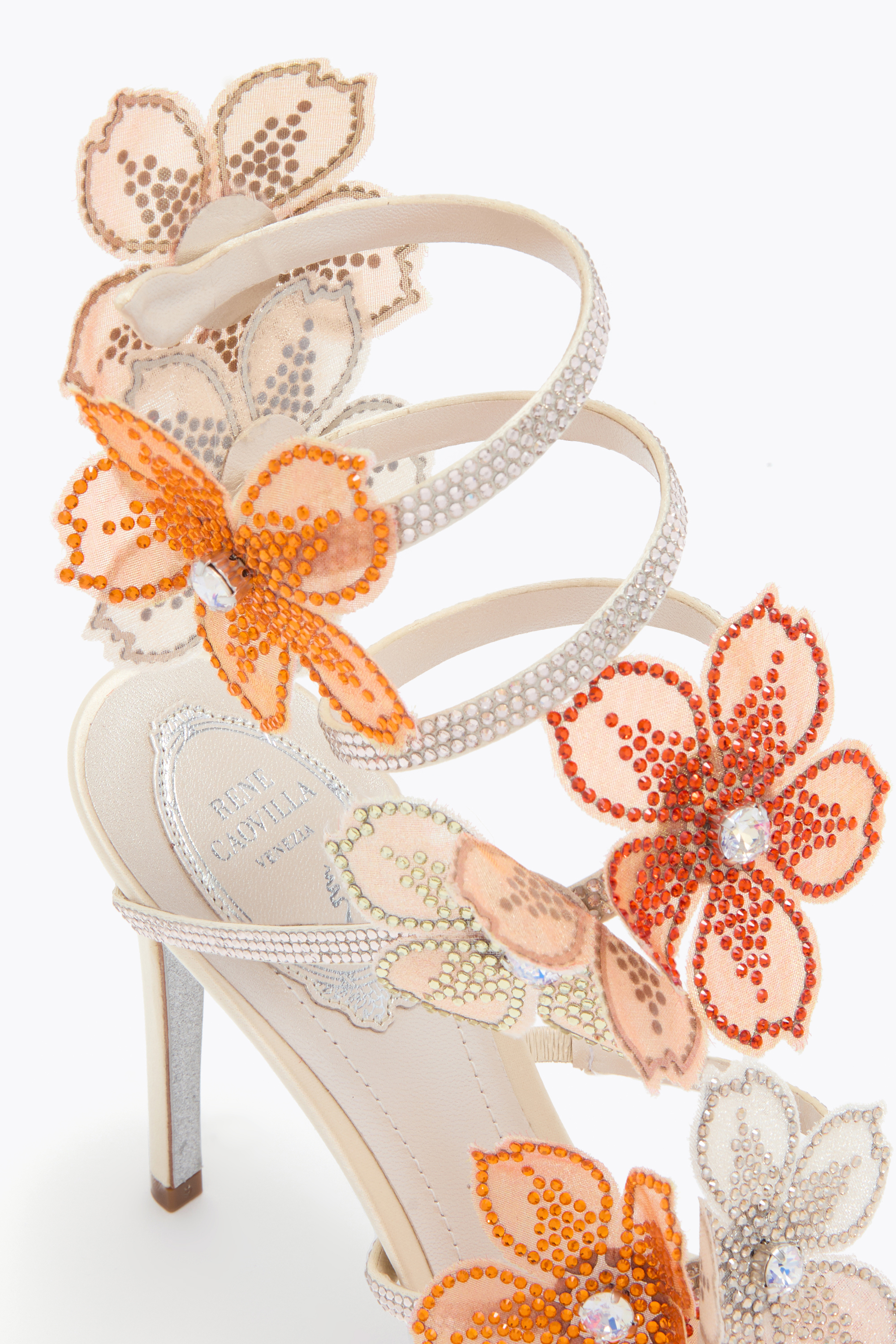 René Caovilla Peach Flower Ivory And Orange Sandal 105 In Multi