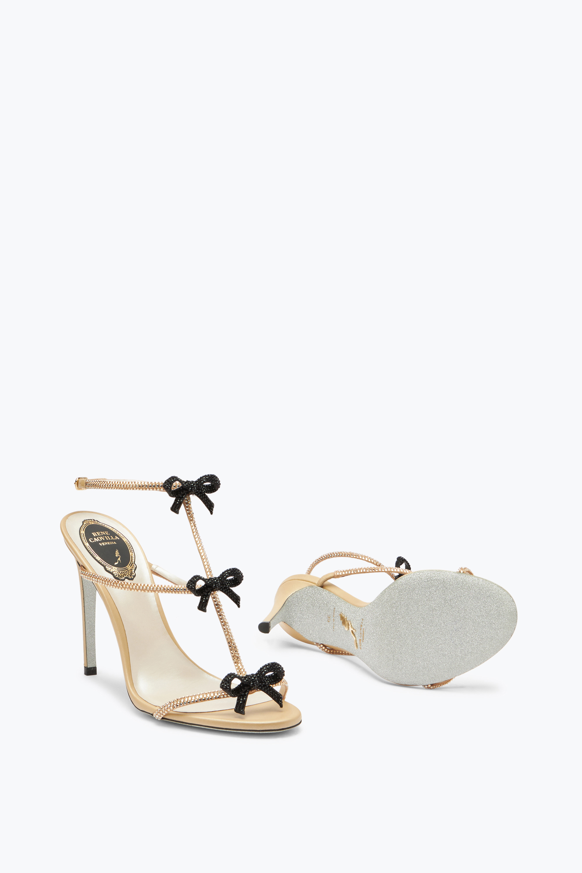 René Caovilla Caterina Neutral Sandal With Black And Gold Crystals 105