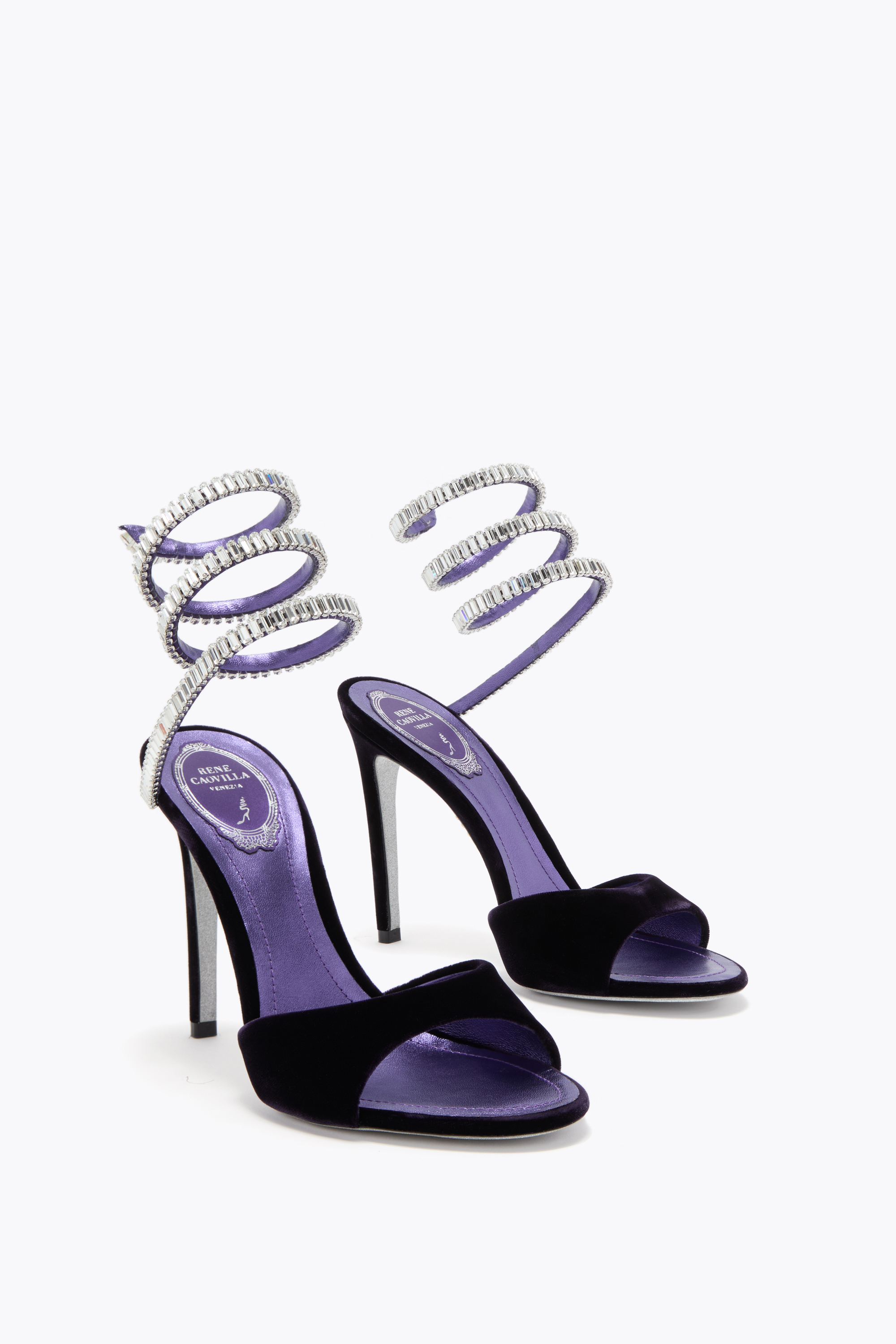 René Caovilla Spiral Velvet Sandals Embellished Straps In Purple